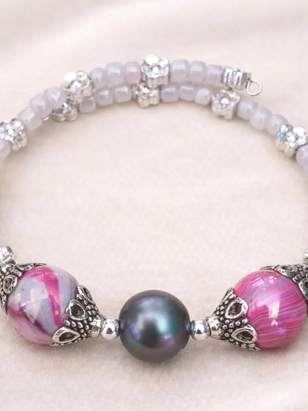 Handmade Lavender Beaded Bracelet w/ Swirl Focal Beads & Silver Accents